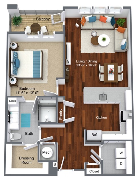 Floor plan for 1 bed, 1 bath, 840 sqft